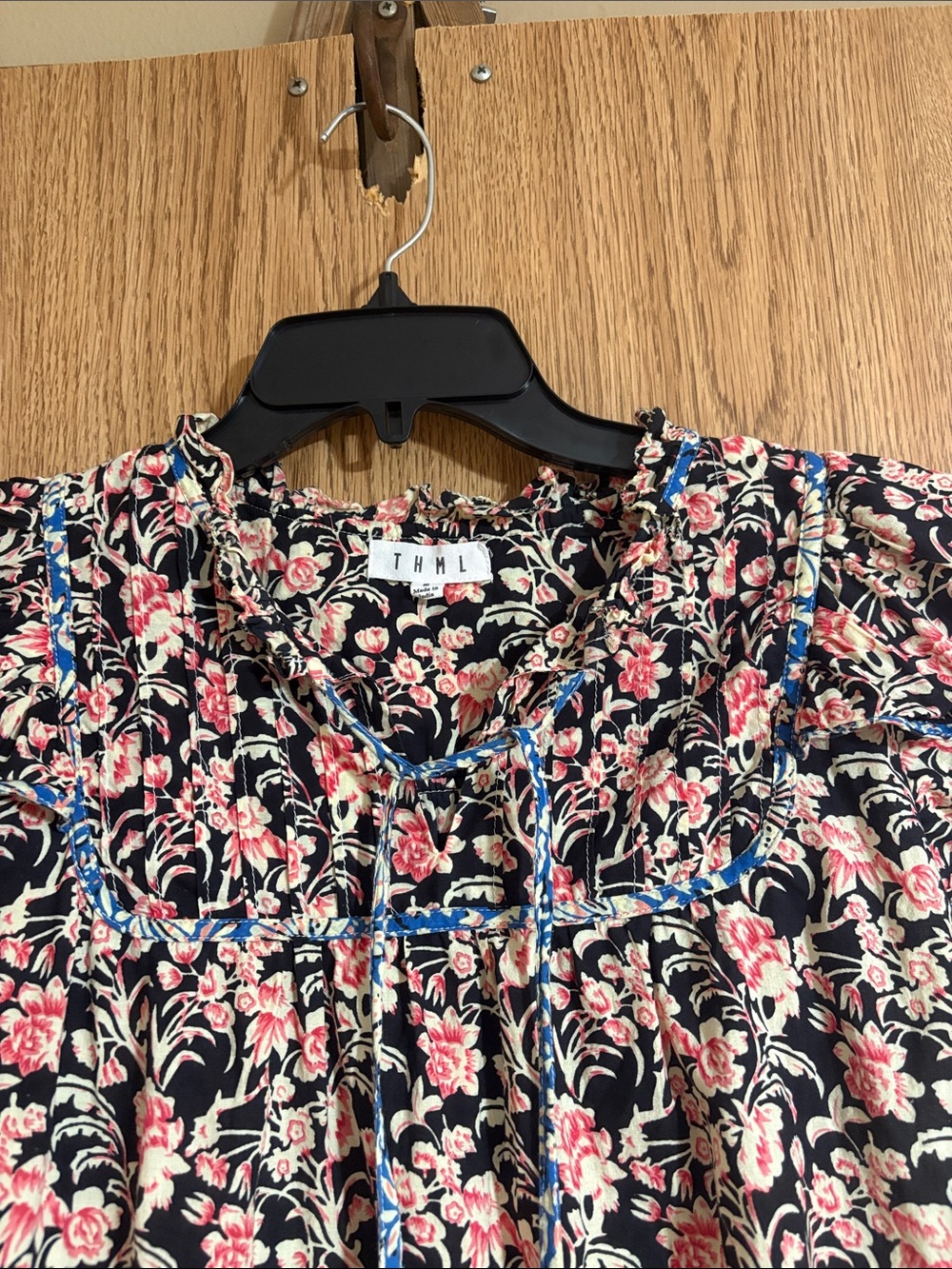 THML Black Floral Blouse with Pink and Cream Blossoms - Picture 3 of 9